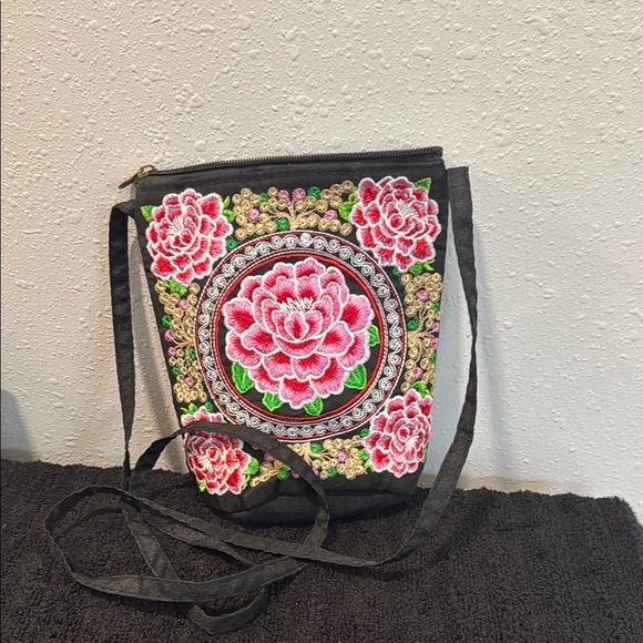 Pink and Black Floral Embroidered Crossbody Bag - Picture 1 of 4